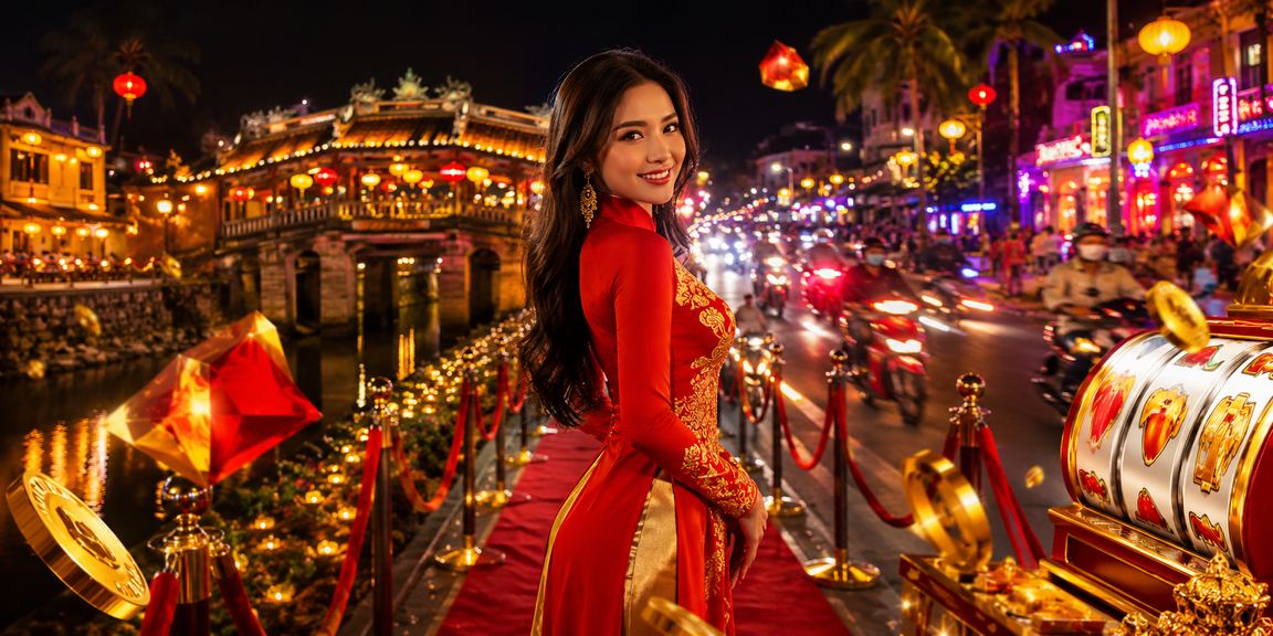Người chơi slots mặc áo dài tại Hội An trải nghiệm game casino trực tuyến